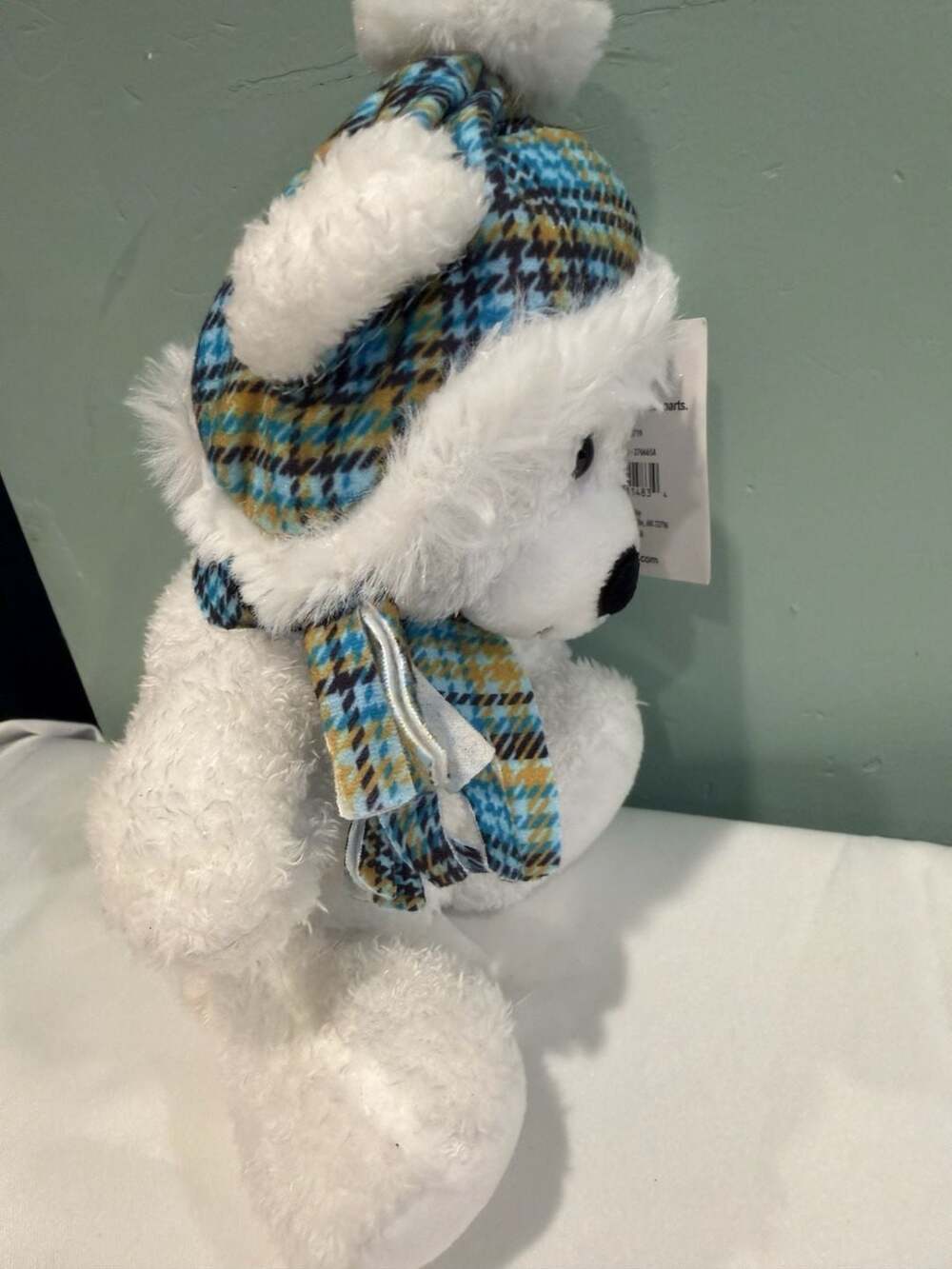 Hugfun Winter White Teddy Bear Plush with Blue Plaid Trapper Hat and Scarf - Picture 4 of 6